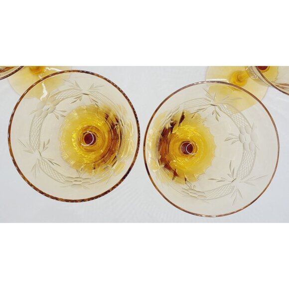 Vintage Amber Glass Wine Goblets With Etched Floral Design Set of 4 MCM - Picture 2 of 10